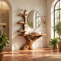 Tree trunk bathroom vanity with a branch shelf tower and a wide slab top in a bright bathroom with arched windows and plants