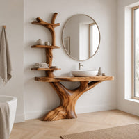 Tree trunk bathroom vanity with a branch shelf tower and a wide slab top in a Scandinavian bathroom with white walls