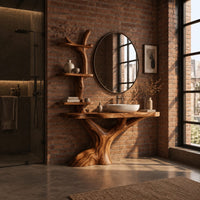 Tree trunk bathroom vanity with a branch shelf tower and a wide slab top in an industrial loft bathroom with exposed brick