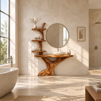 Tree trunk bathroom vanity with a branch shelf tower and a wide slab top in a bright open plan bathroom