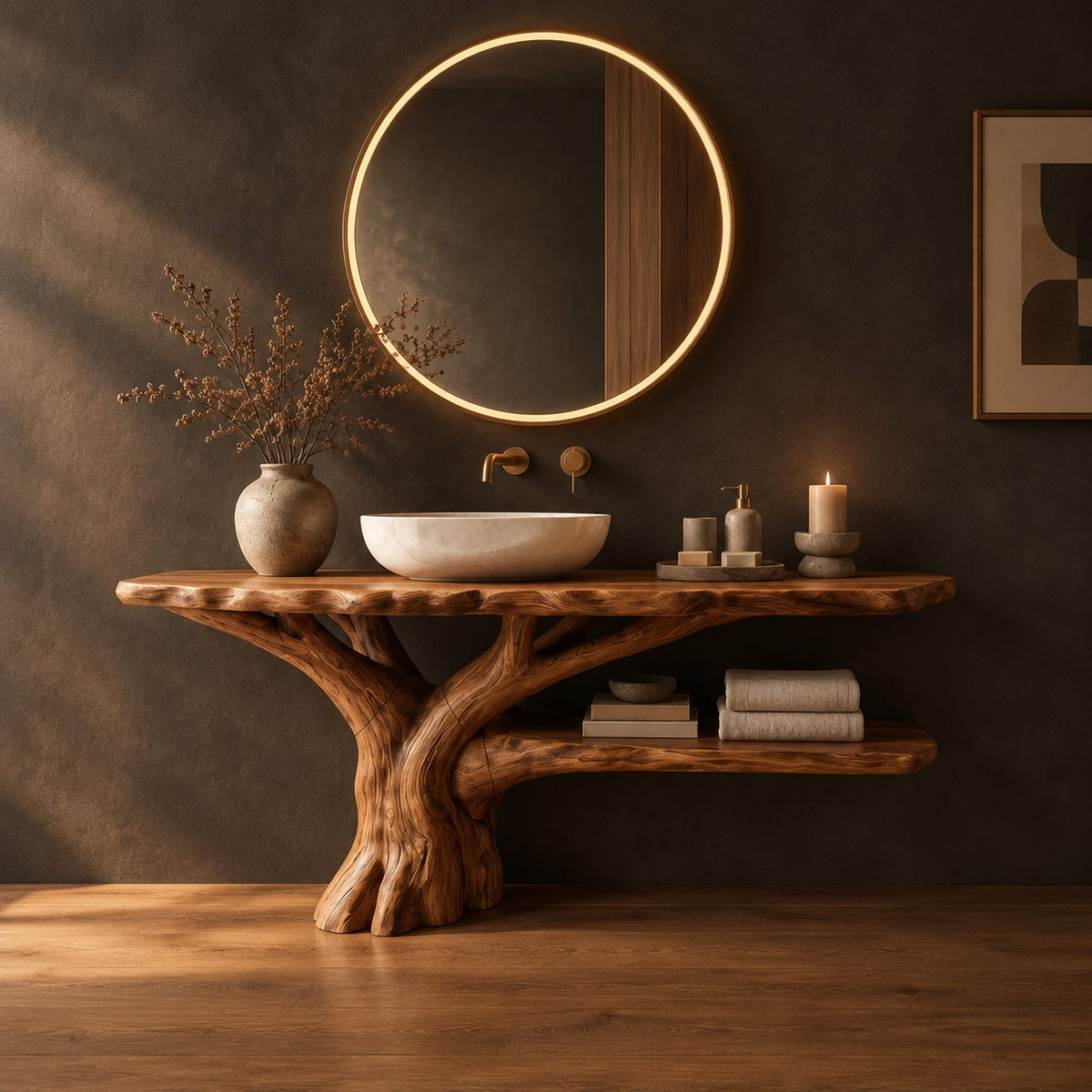 Tree trunk bathroom vanity with a branching base and a low side shelf in a dark studio against a charcoal plaster wall