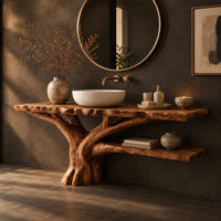 Tree trunk bathroom vanity with a branching base and a low side shelf, three-quarter view showing the grain