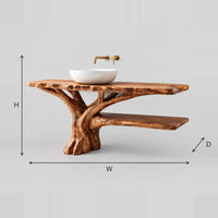 Tree Trunk Bathroom Vanity With Branching Base, Side Shelf dimension diagram with width, height and depth