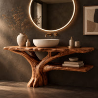 Corner detail of tree trunk bathroom vanity with a branching base and a low side shelf beside wood, brass and linen samples