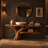 Tree trunk bathroom vanity with a branching base and a low side shelf in a dark bathroom at golden hour