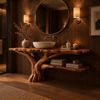 Tree trunk bathroom vanity with a branching base and a low side shelf in an evening bathroom with walnut wall paneling