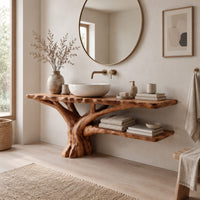 Tree trunk bathroom vanity with a branching base and a low side shelf in a Scandinavian bathroom with white walls