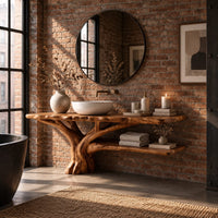 Tree trunk bathroom vanity with a branching base and a low side shelf in an industrial loft bathroom with exposed brick