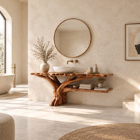 Tree trunk bathroom vanity with a branching base and a low side shelf in a bright open plan bathroom