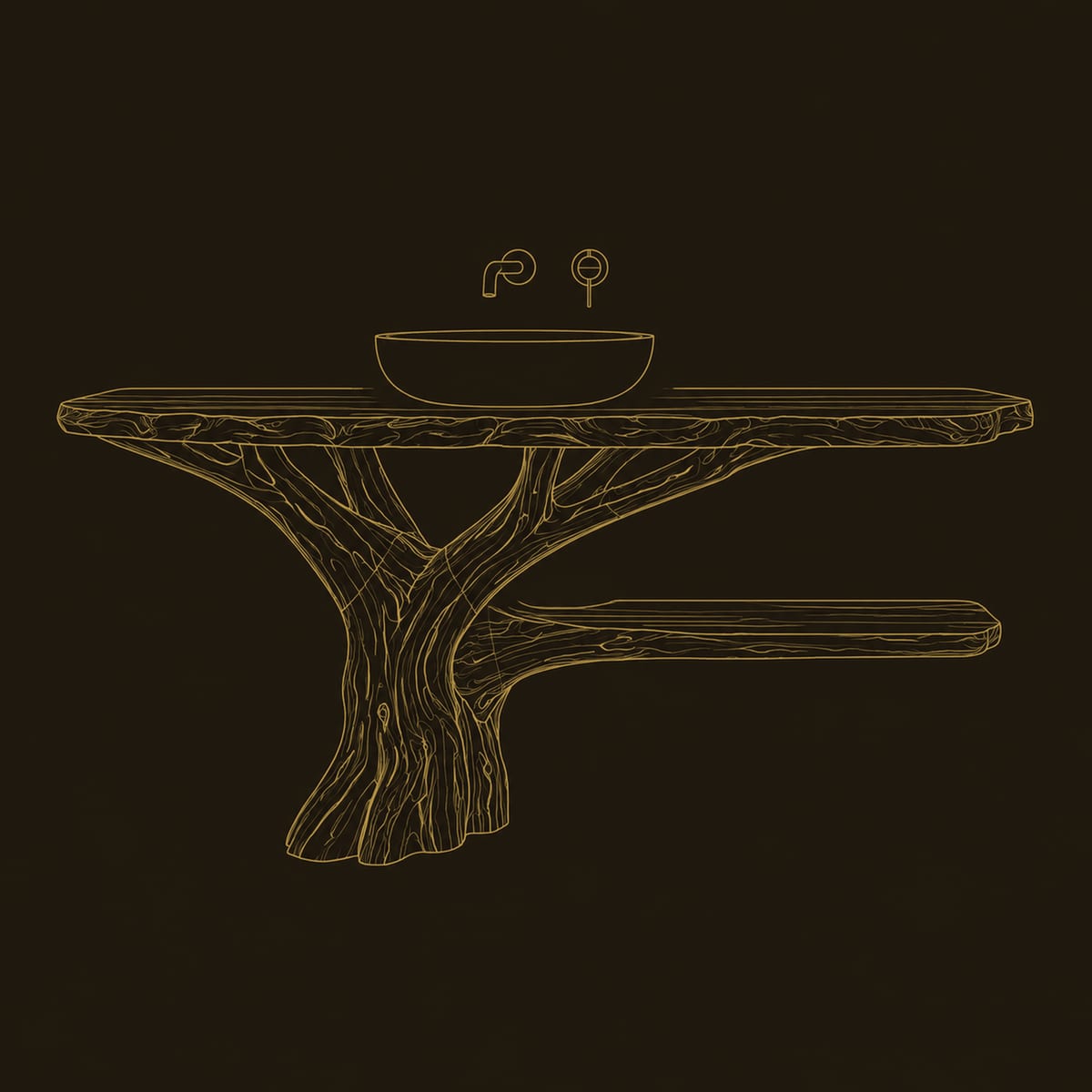 Tree Trunk Bathroom Vanity With Branching Base, Side Shelf dimension diagram