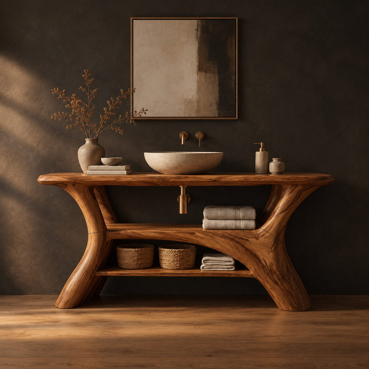 Bathroom vanity with forked trunk shaped legs and a low open shelf in a dark studio against a charcoal plaster wall