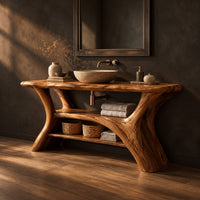 Bathroom vanity with forked trunk shaped legs and a low open shelf, three-quarter view showing the grain