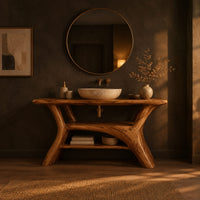 Bathroom vanity with forked trunk shaped legs and a low open shelf in a dark bathroom at golden hour