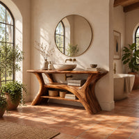 Bathroom vanity with forked trunk shaped legs and a low open shelf in a bright bathroom with arched windows and plants