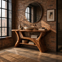 Bathroom vanity with forked trunk shaped legs and a low open shelf in an industrial loft bathroom with exposed brick