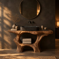 Tree trunk bathroom vanity with a natural edge top and open arched base in a dark bathroom at golden hour
