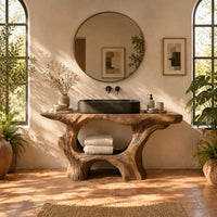 Tree trunk bathroom vanity with a natural edge top and open arched base in a bright bathroom with arched windows and plants