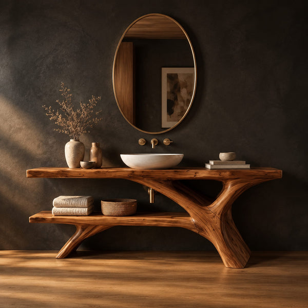 Tree Trunk Bathroom Vanity With Open Lower Shelf And Slab Top
