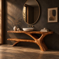 Tree trunk bathroom vanity with a slab top and an open lower shelf, three-quarter view showing the grain