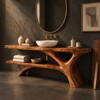 Corner detail of tree trunk bathroom vanity with a slab top and an open lower shelf beside wood, brass and linen samples