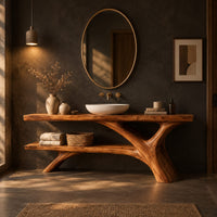 Tree trunk bathroom vanity with a slab top and an open lower shelf in a dark bathroom at golden hour