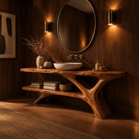 Tree trunk bathroom vanity with a slab top and an open lower shelf in an evening bathroom with walnut wall paneling