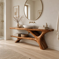 Tree trunk bathroom vanity with a slab top and an open lower shelf in a Scandinavian bathroom with white walls