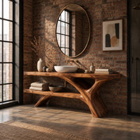 Tree trunk bathroom vanity with a slab top and an open lower shelf in an industrial loft bathroom with exposed brick