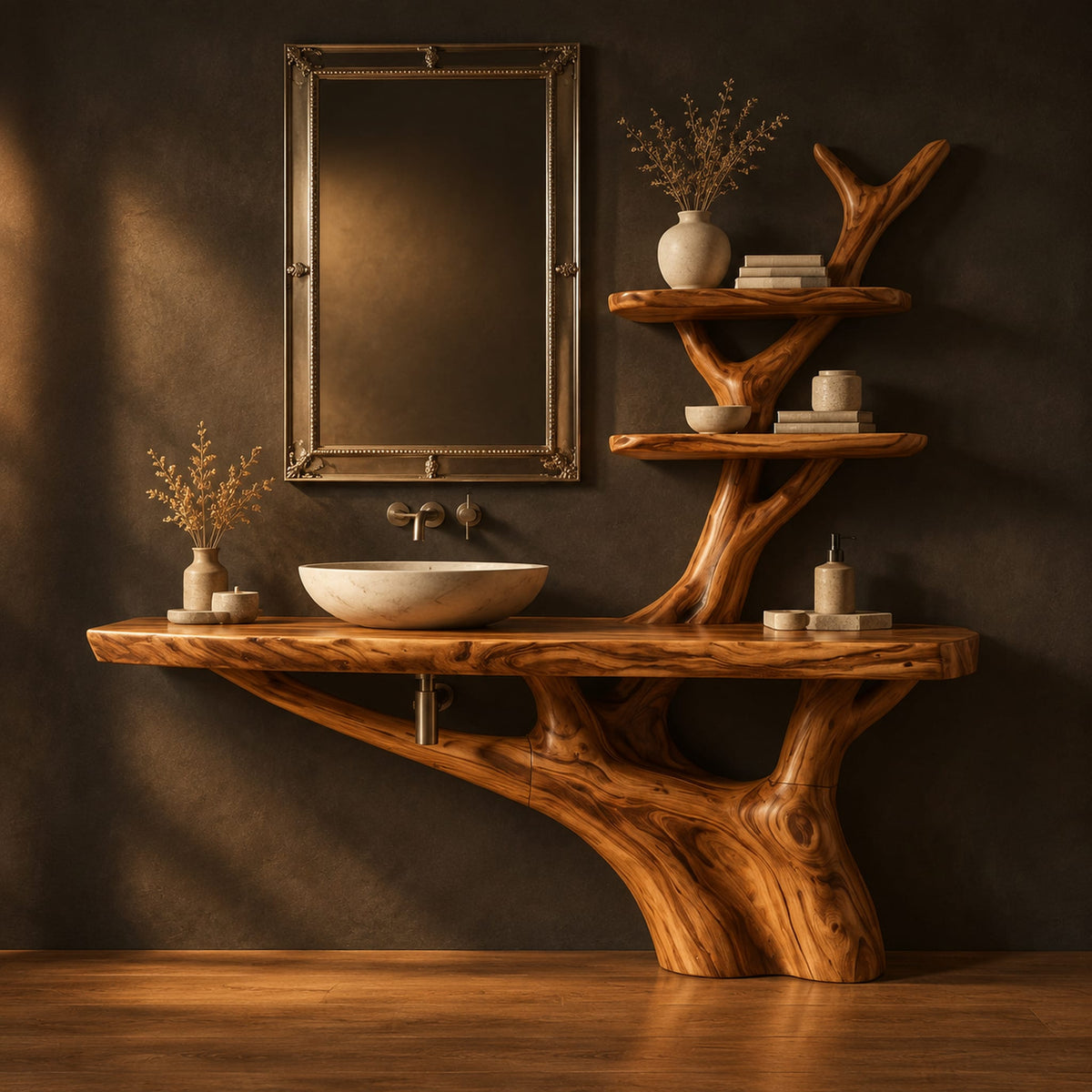 Tree trunk bathroom vanity with a long slab top and a branch shelf tower in a dark studio against a charcoal plaster wall