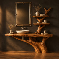 Tree trunk bathroom vanity with a long slab top and a branch shelf tower in a dark studio against a charcoal plaster wall