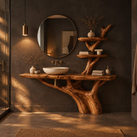 Tree trunk bathroom vanity with a long slab top and a branch shelf tower in a dark bathroom at golden hour