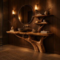 Tree trunk bathroom vanity with a long slab top and a branch shelf tower in an evening bathroom with walnut wall paneling
