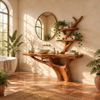 Tree trunk bathroom vanity with a long slab top and a branch shelf tower in a bright bathroom with arched windows and plants