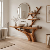 Tree trunk bathroom vanity with a long slab top and a branch shelf tower in a Scandinavian bathroom with white walls