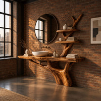 Tree trunk bathroom vanity with a long slab top and a branch shelf tower in an industrial loft bathroom with exposed brick