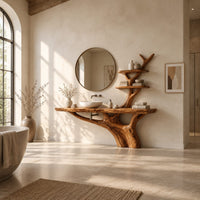 Tree trunk bathroom vanity with a long slab top and a branch shelf tower in a bright open plan bathroom