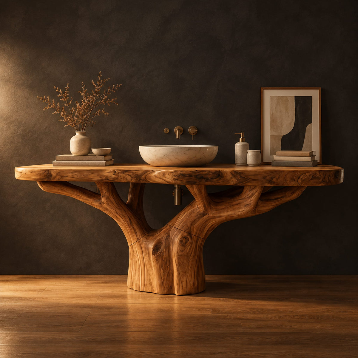 Tree trunk bathroom vanity with a thick slab top and branching base in a dark studio against a charcoal plaster wall