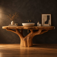 Tree trunk bathroom vanity with a thick slab top and branching base in a dark studio against a charcoal plaster wall