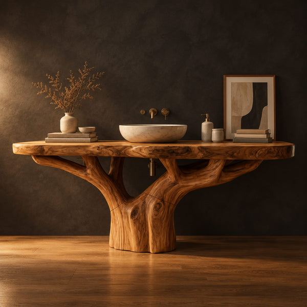 Tree Trunk Bathroom Vanity With Thick Slab Top And Branching Base