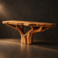 Tree trunk bathroom vanity with a thick slab top and branching base, three-quarter view showing the grain