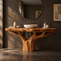 Corner detail of tree trunk bathroom vanity with a thick slab top and branching base beside wood, brass and linen samples