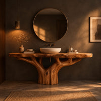 Tree trunk bathroom vanity with a thick slab top and branching base in a dark bathroom at golden hour
