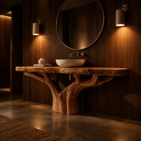 Tree trunk bathroom vanity with a thick slab top and branching base in an evening bathroom with walnut wall paneling