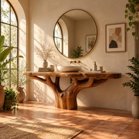 Tree trunk bathroom vanity with a thick slab top and branching base in a bright bathroom with arched windows and plants