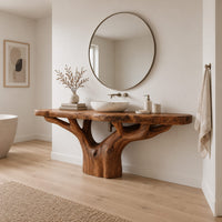 Tree trunk bathroom vanity with a thick slab top and branching base in a Scandinavian bathroom with white walls