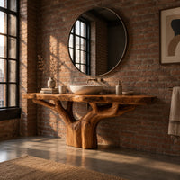 Tree trunk bathroom vanity with a thick slab top and branching base in an industrial loft bathroom with exposed brick