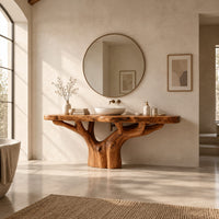 Tree trunk bathroom vanity with a thick slab top and branching base in a bright open plan bathroom