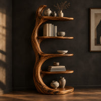 Tree trunk bookshelf with five tiered shelves branching from a twisting stem, three-quarter view showing the grain