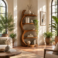 Tree trunk bookshelf with five tiered shelves branching from a twisting stem in a bright living room with arched windows and plants