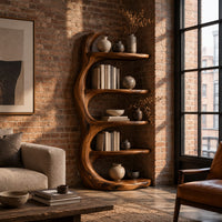 Tree trunk bookshelf with five tiered shelves branching from a twisting stem in an industrial loft living room with exposed brick